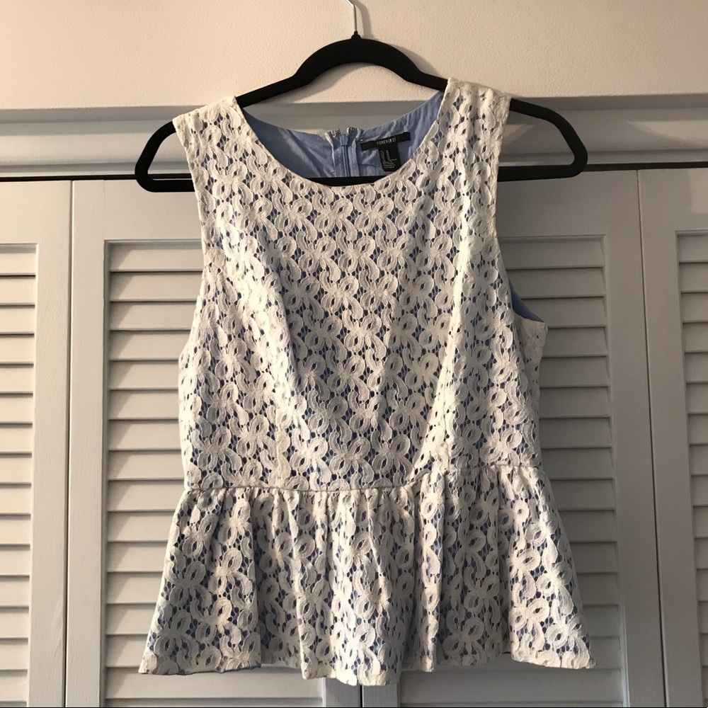 White lace with blue underlay top